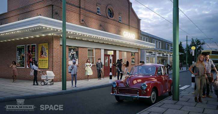 Artist impression produced by Space Architects of the exterior of The Grand cinema, which is being recreated in Beamish Museum's 1950s Town.
